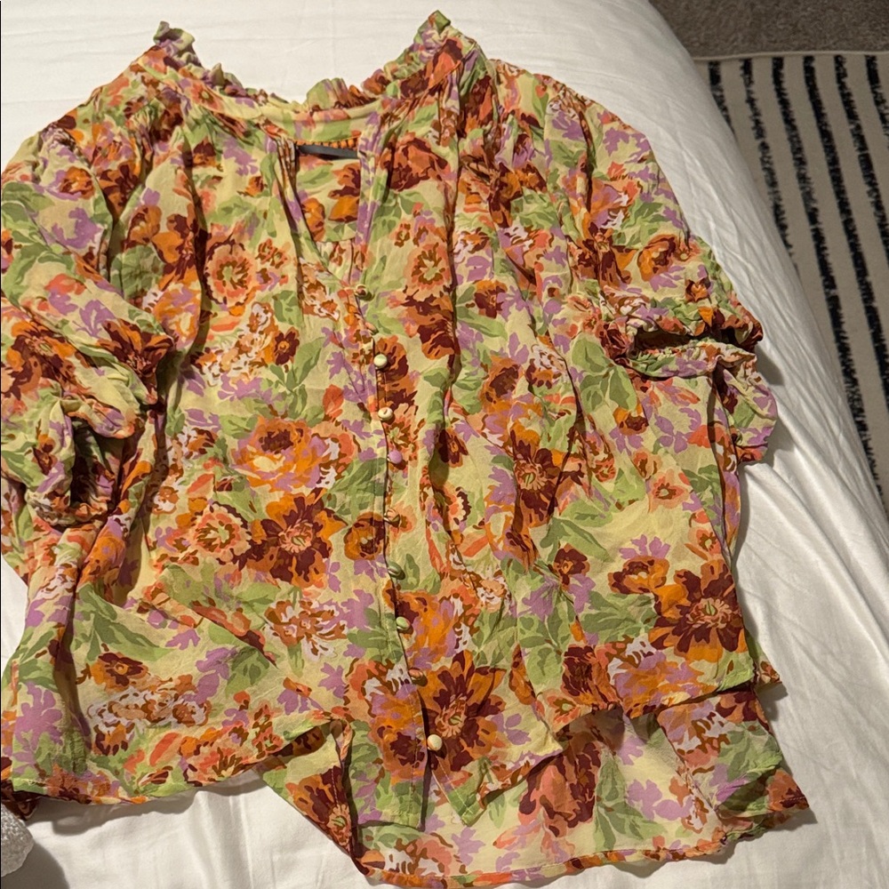 Anthropologie Floral Blouse - Orange and Green